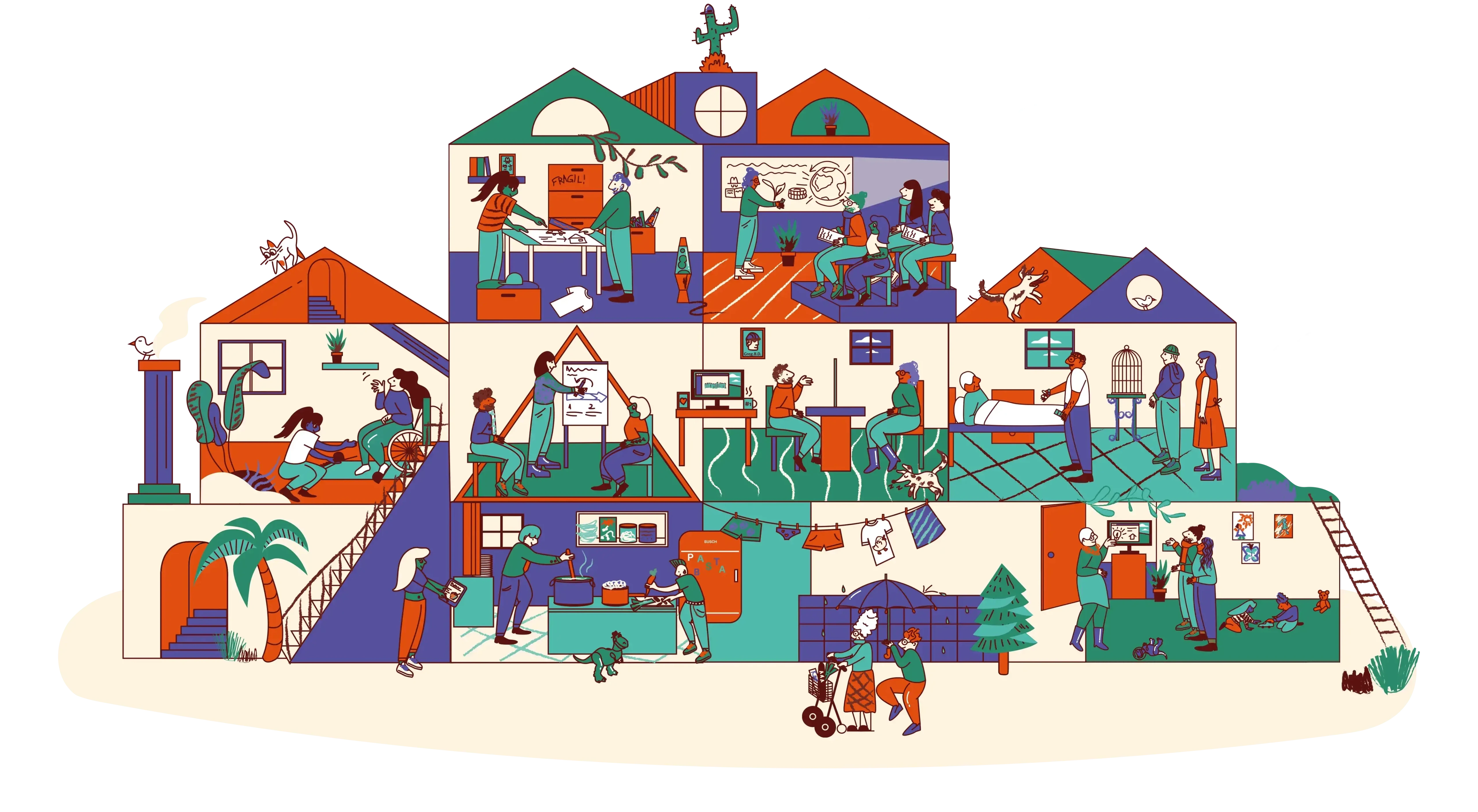 Illustration mit Situationen in Sozialen Berufen